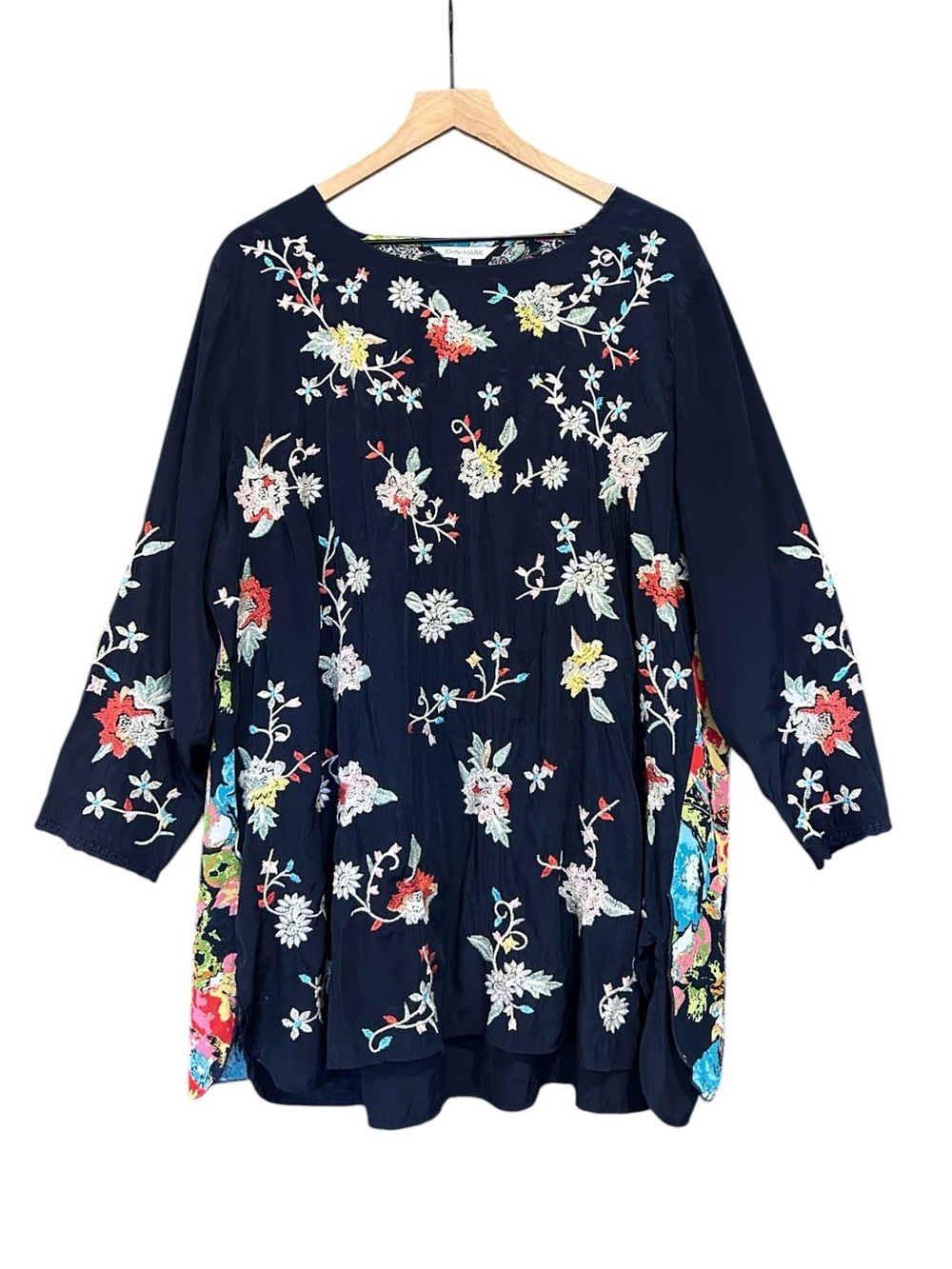 John Mark Navy Blue Embroidered Floral Pattern Overlay Long Sleeve Tunic Top XL